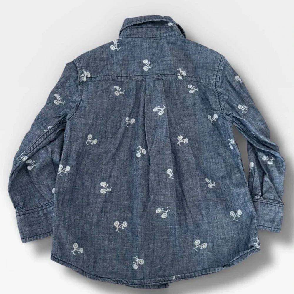 Gymboree Shirt Boys Size 4T Blue Chambray Bicycle 100% Cotton Long Sleeve Button